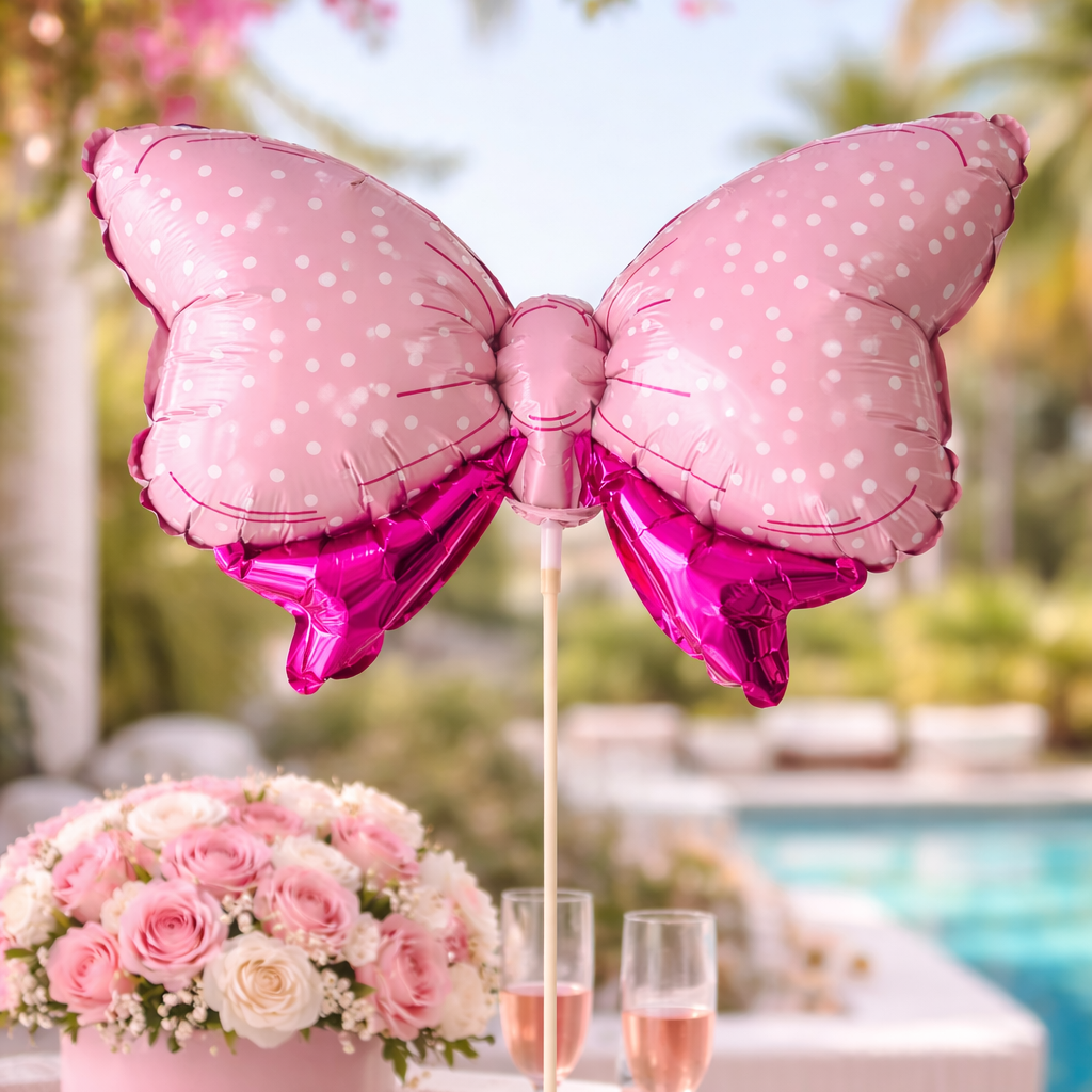Small Pink Bow Shaped Metallic Foil Balloon On A Stick - 11''x 8'' - Miami Flower Store Same-Day Delivery Fort Lauderdale Brickell Aventura Las Olas Hallendale Beach Hollywood Sunny Isles