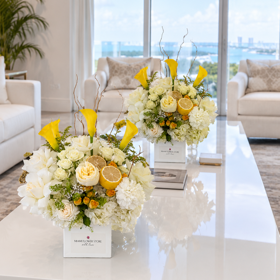 White & Yellow Table Centerpiece With Roses, Calla Lilies, Lemons| Flowers For Decor - Miami Flower Store Same-Day Delivery Fort Lauderdale Brickell Aventura Las Olas Hallendale Beach Hollywood Sunny Isles