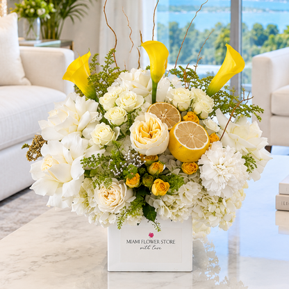 White & Yellow Table Centerpiece With Roses, Calla Lilies, Lemons| Flowers For Decor - Miami Flower Store Same-Day Delivery Fort Lauderdale Brickell Aventura Las Olas Hallendale Beach Hollywood Sunny Isles