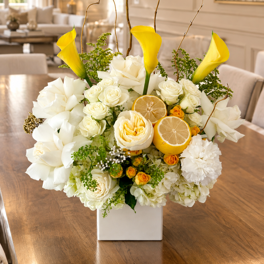 White & Yellow Table Centerpiece With Roses, Calla Lilies, Lemons| Flowers For Decor - Miami Flower Store Same-Day Delivery Fort Lauderdale Brickell Aventura Las Olas Hallendale Beach Hollywood Sunny Isles
