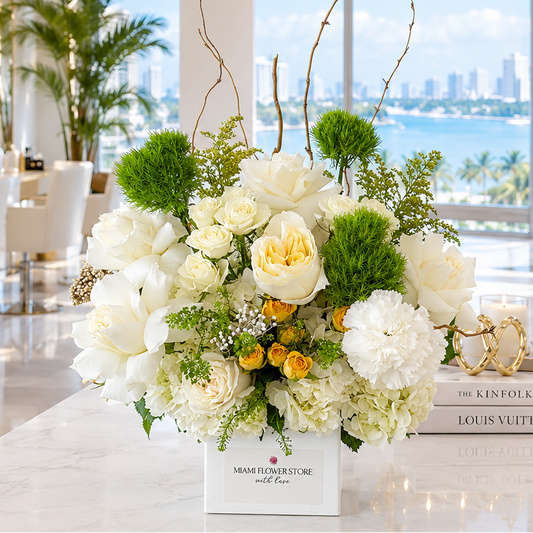 Green & White Table Centerpiece With Hydrangea, Roses, Green Trick, Carnations| Miami