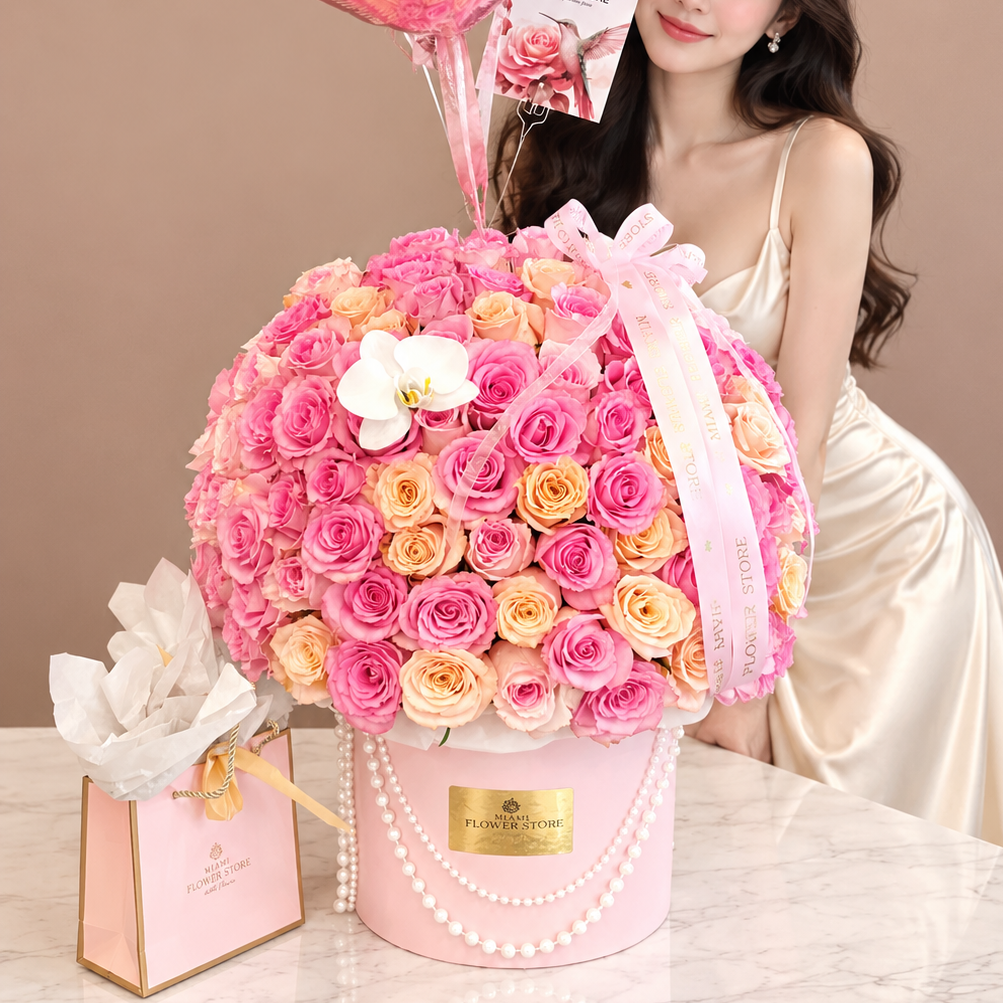 100 Multicolored Rose Flower Bouquet In A HatBox/ Colored Roses - Miami Flower Store Same-Day Delivery Fort Lauderdale Brickell Aventura Las Olas Hallendale Beach Hollywood Sunny Isles