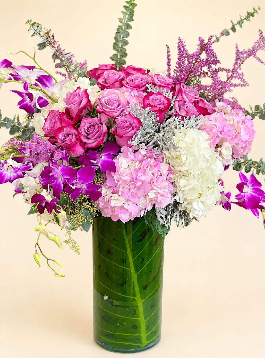 Pink Hydrangea, Pink Roses And Purple Orchids In A Vase - Miami Flower Store Same-Day Delivery Fort Lauderdale Brickell Aventura Las Olas Hallendale Beach Hollywood Sunny Isles