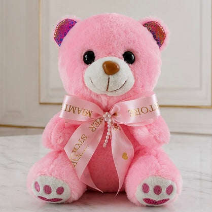 10" Sitting Pink Stuffed Teddy Bear With Bow - Miami Flower Store Same-Day Delivery Fort Lauderdale Brickell Aventura Las Olas Hallendale Beach Hollywood Sunny Isles