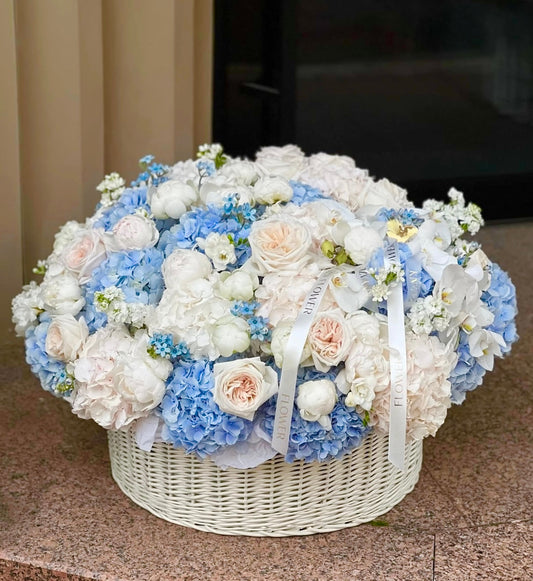Large Flower Basket With Blue Hydrangea, Peonies, Roses. - Miami Flower Store Same-Day Delivery Fort Lauderdale Brickell Aventura Las Olas Hallendale Beach Hollywood Sunny Isles
