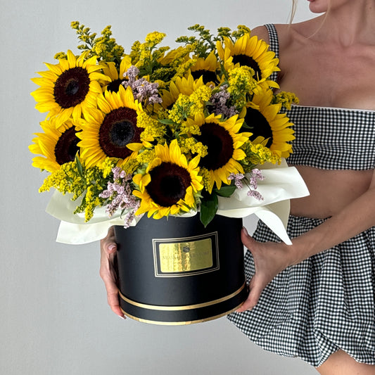 Sunflower, Solidago & Limonium Flower Bouquet In A Box - Miami Flower Store Delivery Fort Lauderdale