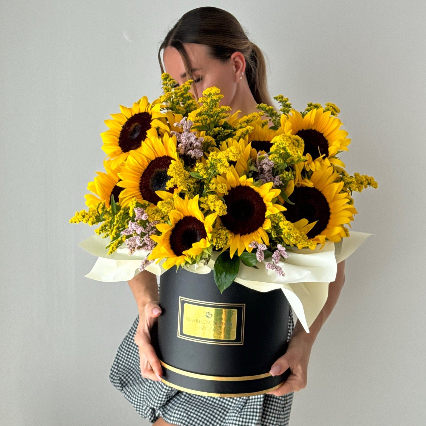 Sunflower, Solidago & Limonium Flower Bouquet In A Box - Miami Flower Store Delivery Fort Lauderdale