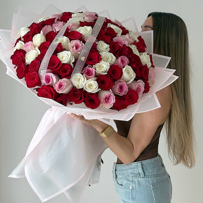 100 Red & White Rose Classic Flower Bouquet - Miami Flower Store Same-Day Delivery Fort Lauderdale Brickell Aventura Las Olas Hallendale Beach Hollywood Sunny Isles