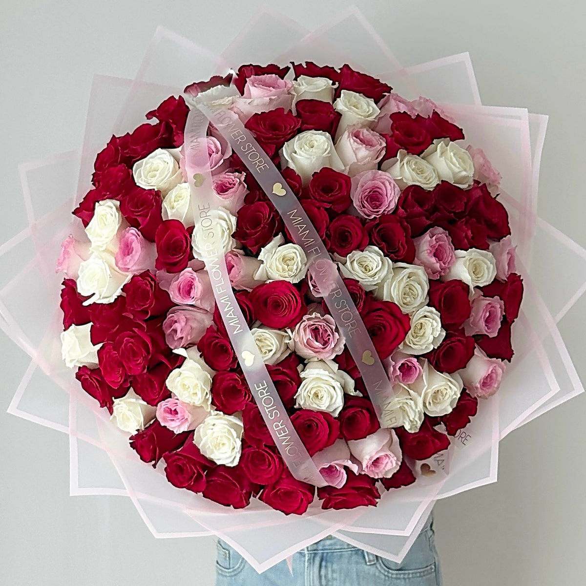 100 Red & White Rose Classic Flower Bouquet - Miami Flower Store Same-Day Delivery Fort Lauderdale Brickell Aventura Las Olas Hallendale Beach Hollywood Sunny Isles