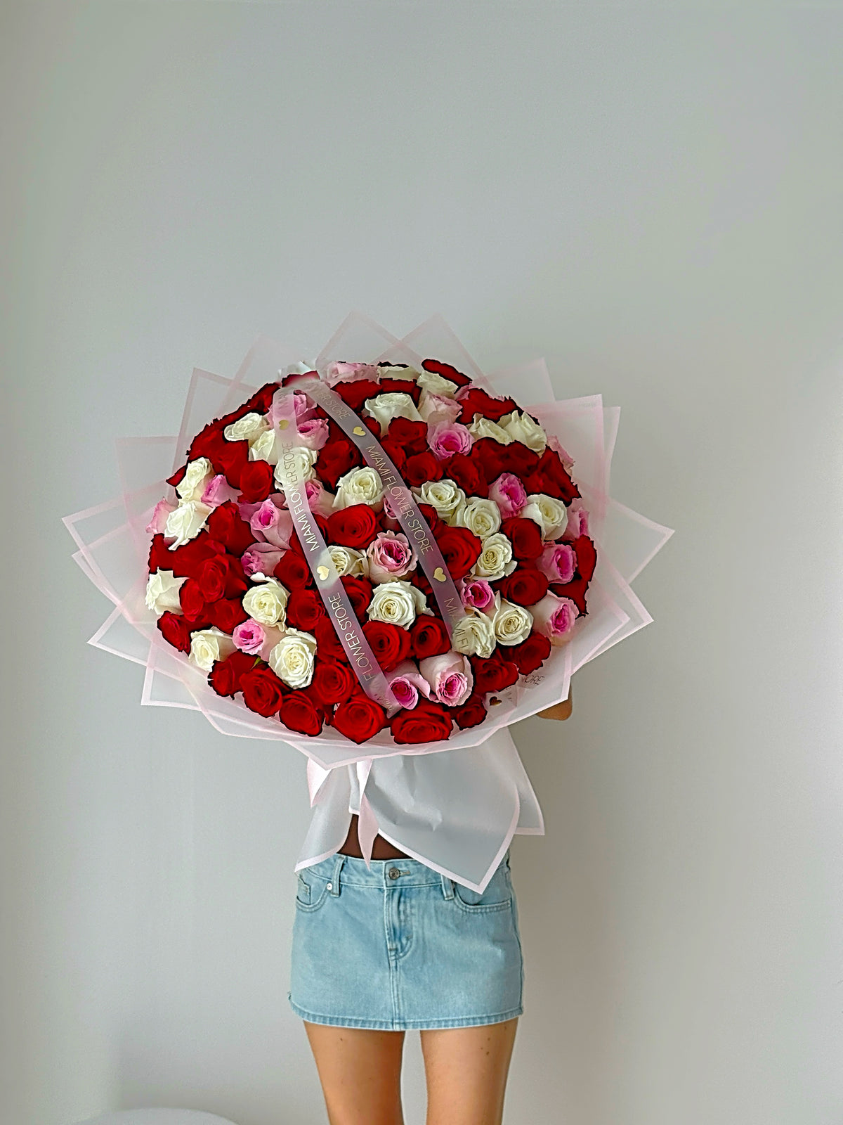 100 Red & White Rose Classic Flower Bouquet - Miami Flower Store Same-Day Delivery Fort Lauderdale Brickell Aventura Las Olas Hallendale Beach Hollywood Sunny Isles