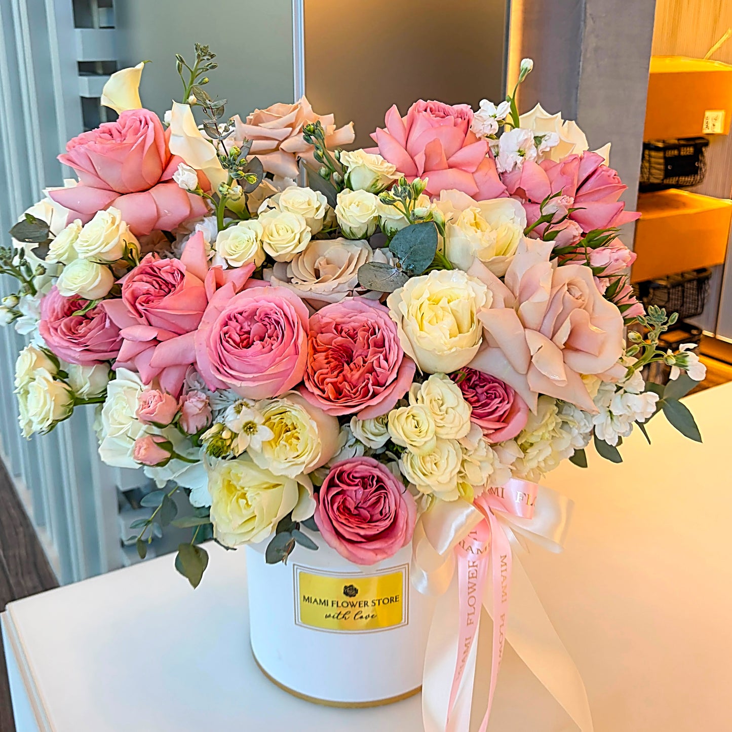 Peach And White Flower Bouquet In A Box With Peach And White Garden Roses And Greens.