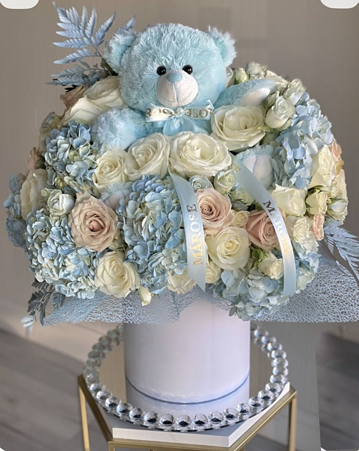 Blue Flower Bouquet With Blue Teddy Bear In A Box - Miami Flower Store Same-Day Delivery Fort Lauderdale Brickell Aventura Las Olas Hallendale Beach Hollywood Sunny Isles