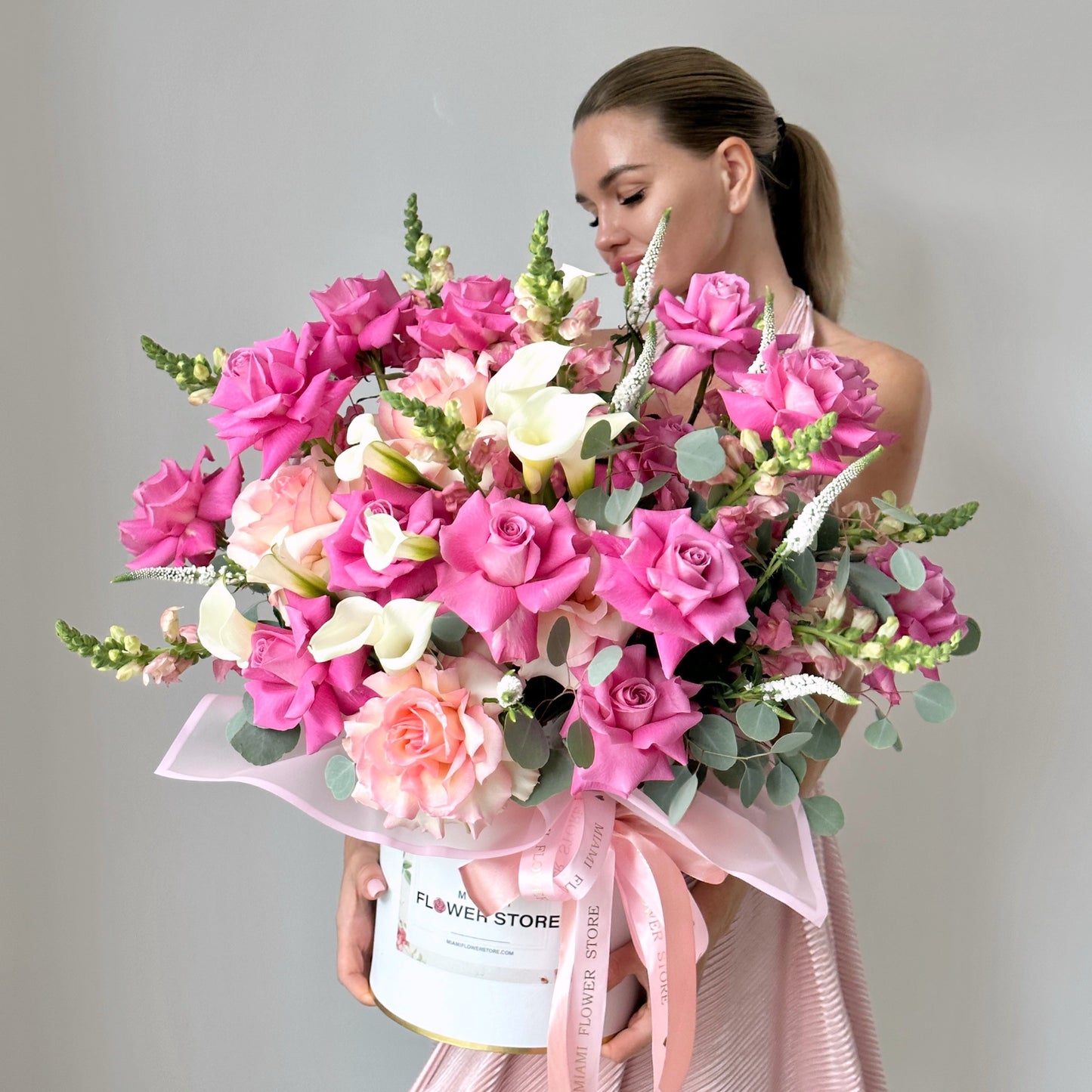 Pink Rose Mix, Callas & Dragon Flower Bouquet In A Box - Miami Flower Store Delivery Fort Lauderdale