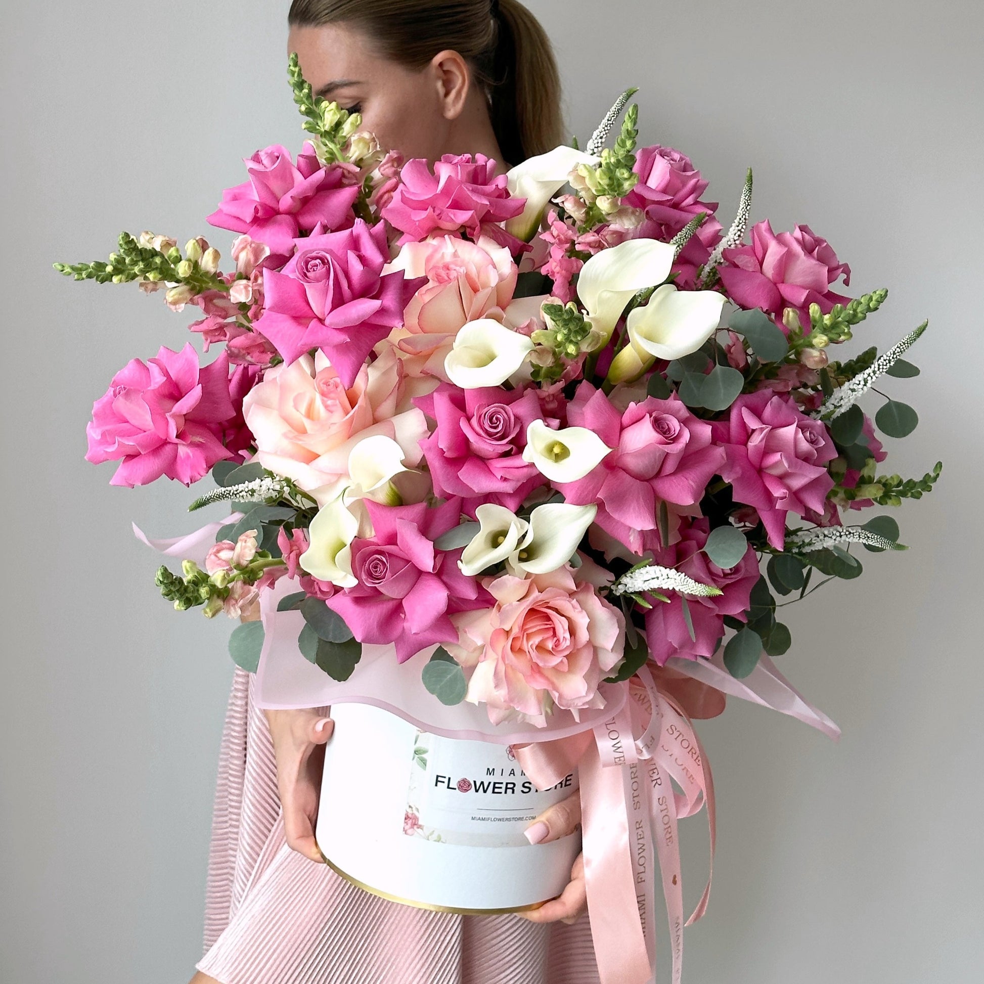 Pink Rose Mix, Callas & Dragon Flower Bouquet In A Box - Miami Flower Store Delivery Fort Lauderdale