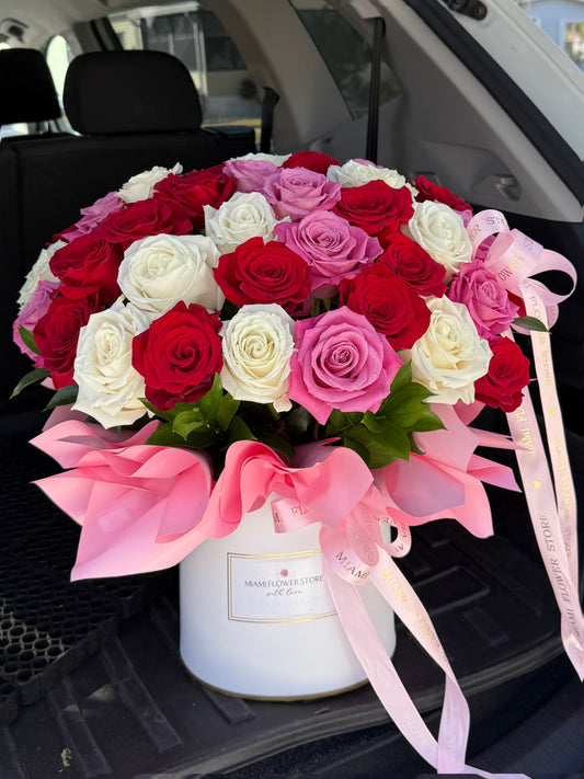 50 Colored Rose Flower Bouquet In a Box - Miami Flower Store Same-Day Delivery Fort Lauderdale Brickell Aventura Las Olas Hallendale Beach Hollywood Sunny Isles