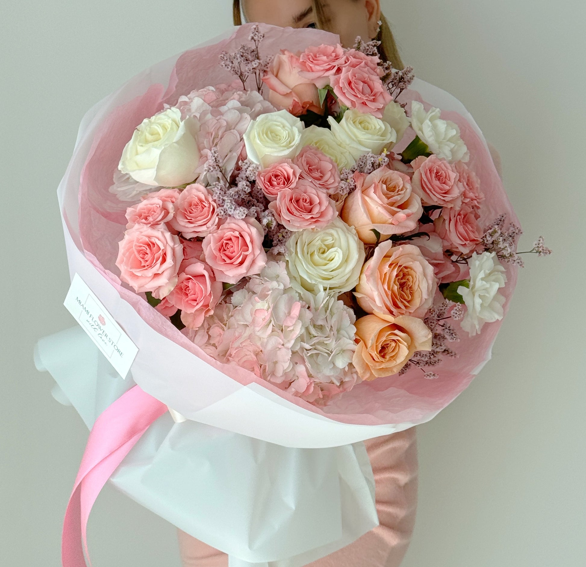 White Hydrangea And Beige Rose Flower Bouquet - Miami Flower Store Same-Day Delivery Fort Lauderdale Brickell Aventura Las Olas Hallendale Beach Hollywood Sunny Isles