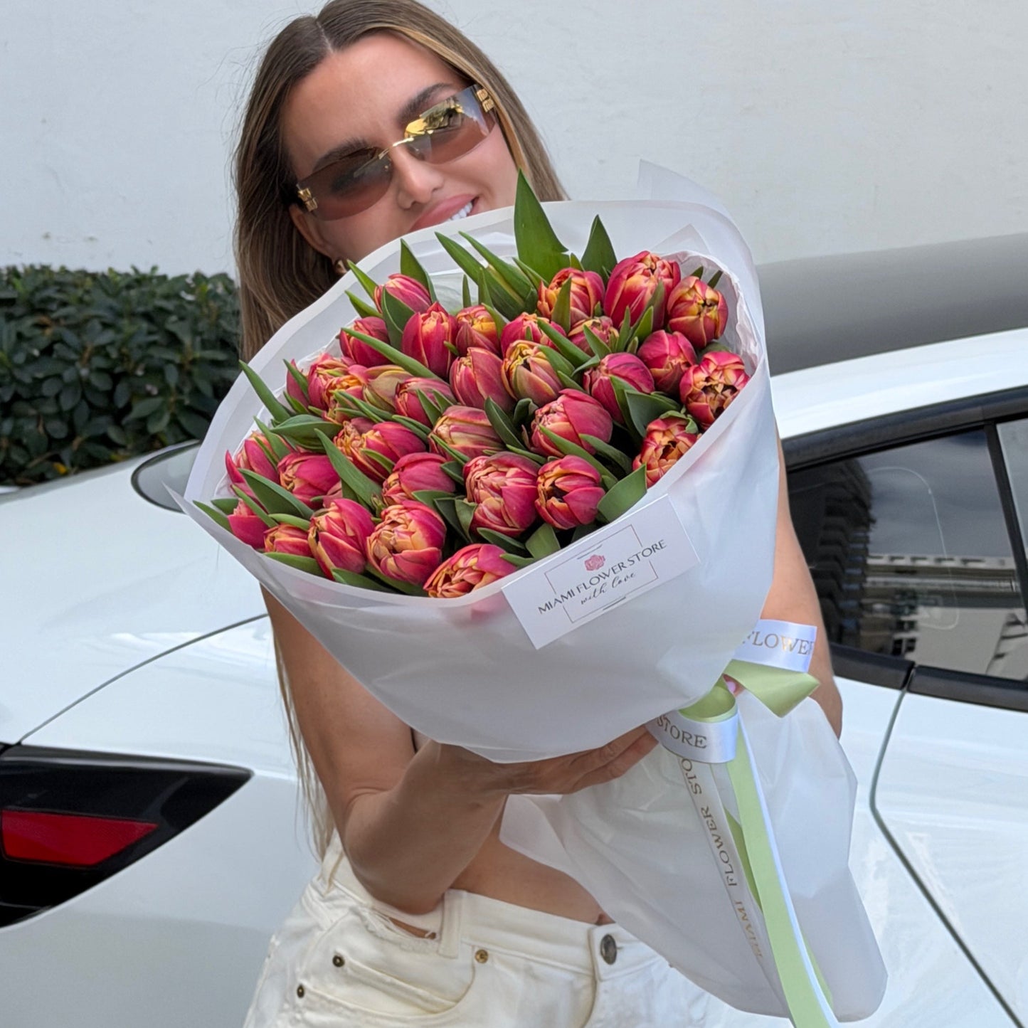 30 / 50 Coral-Pink Tulip Flower Bouquet - Miami Flower Store Same-Day Delivery Fort Lauderdale Brickell Aventura Las Olas Hallendale Beach Hollywood Sunny Isles