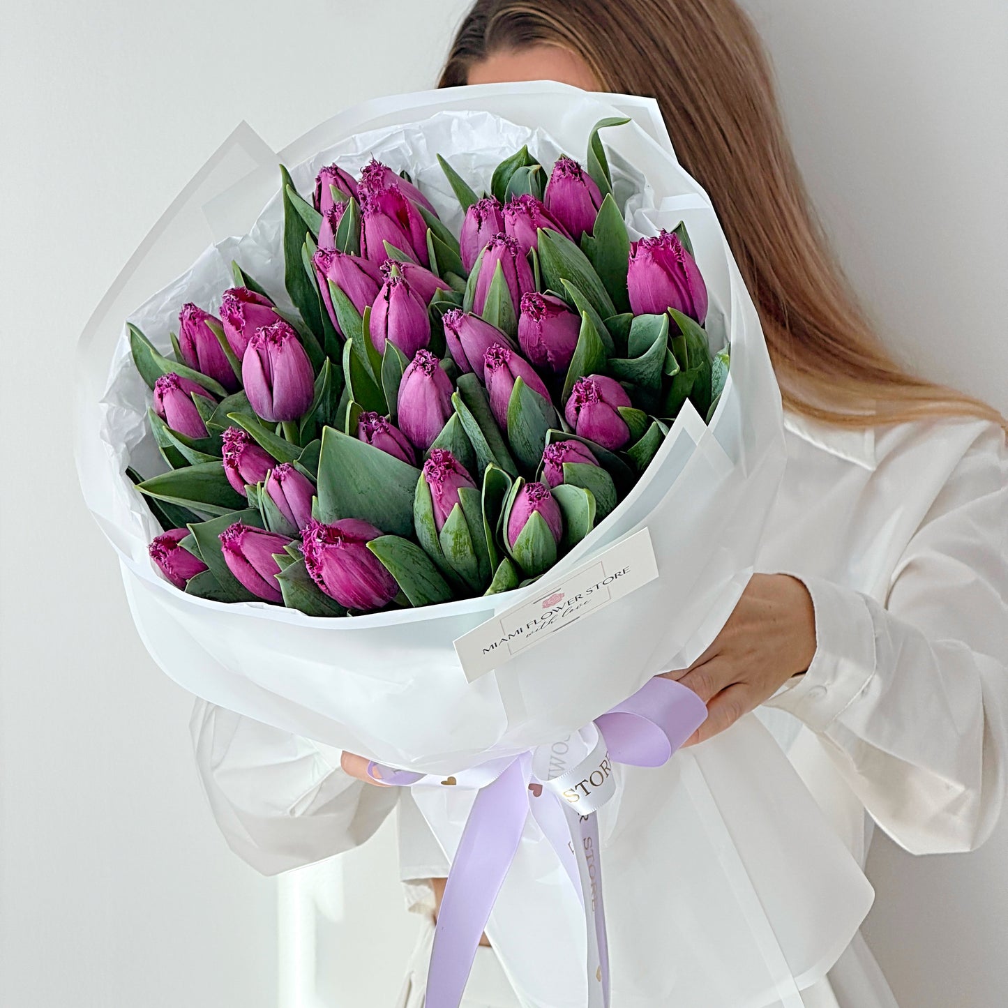 30 / 50 Purple Tulip Flower Bouquet - Miami Flower Store Same-Day Delivery Fort Lauderdale Brickell Aventura Las Olas Hallendale Beach Hollywood Sunny Isles