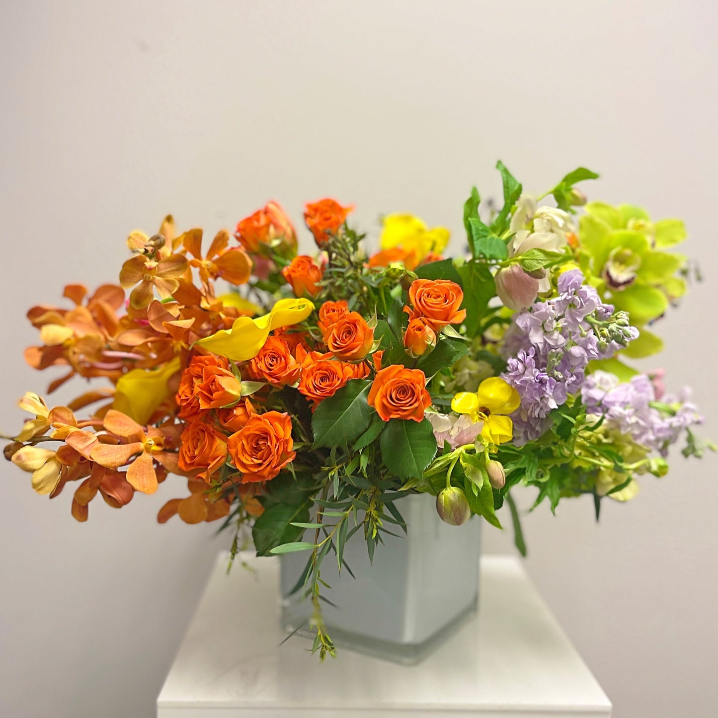 Orange Flower Bouquet In A Vase From Orchids & Spray Roses - Miami Flower Store Delivery Fort Lauderdale