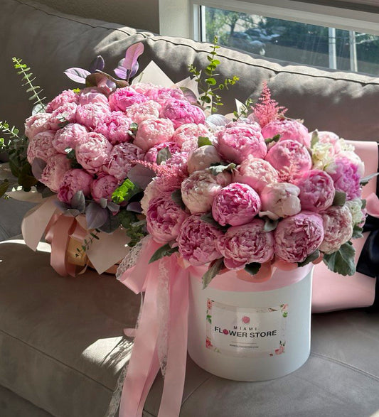 Peony Flower Bouquet In A Box With Greens - Miami Flower Store Same-Day Delivery Fort Lauderdale Brickell Aventura Las Olas Hallendale Beach Hollywood Sunny Isles