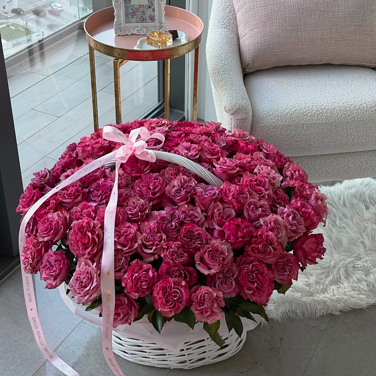 100 Pink Roses Flower Bouquet In Basket| MiamiFlowerStore