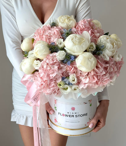 Peony Flower Bouquet w/ Hydrangea & White Roses In A Box - Miami Flower Store Same-Day Delivery Fort Lauderdale Brickell Aventura Las Olas Hallendale Beach Hollywood Sunny Isles