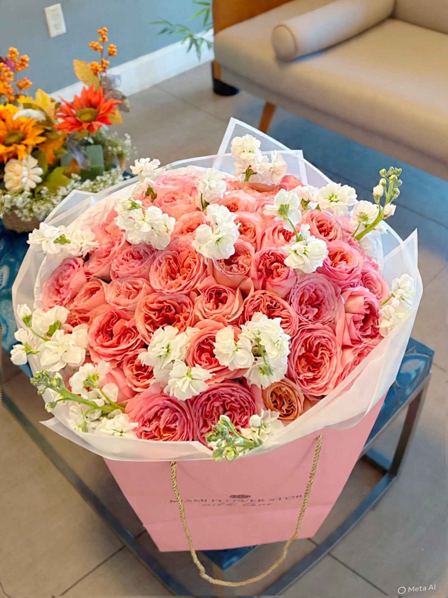 Garden Rose Flower Bouquet "Pink Expression" With White Stock - Miami Flower Store Same-Day Delivery Fort Lauderdale Brickell Aventura Las Olas Hallendale Beach Hollywood Sunny Isles