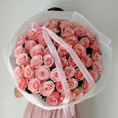 Classic Pink Rose Flower Bouquet - Miami Flower Store Same-Day Delivery Fort Lauderdale Brickell Aventura Las Olas Hallendale Beach Hollywood Sunny Isles