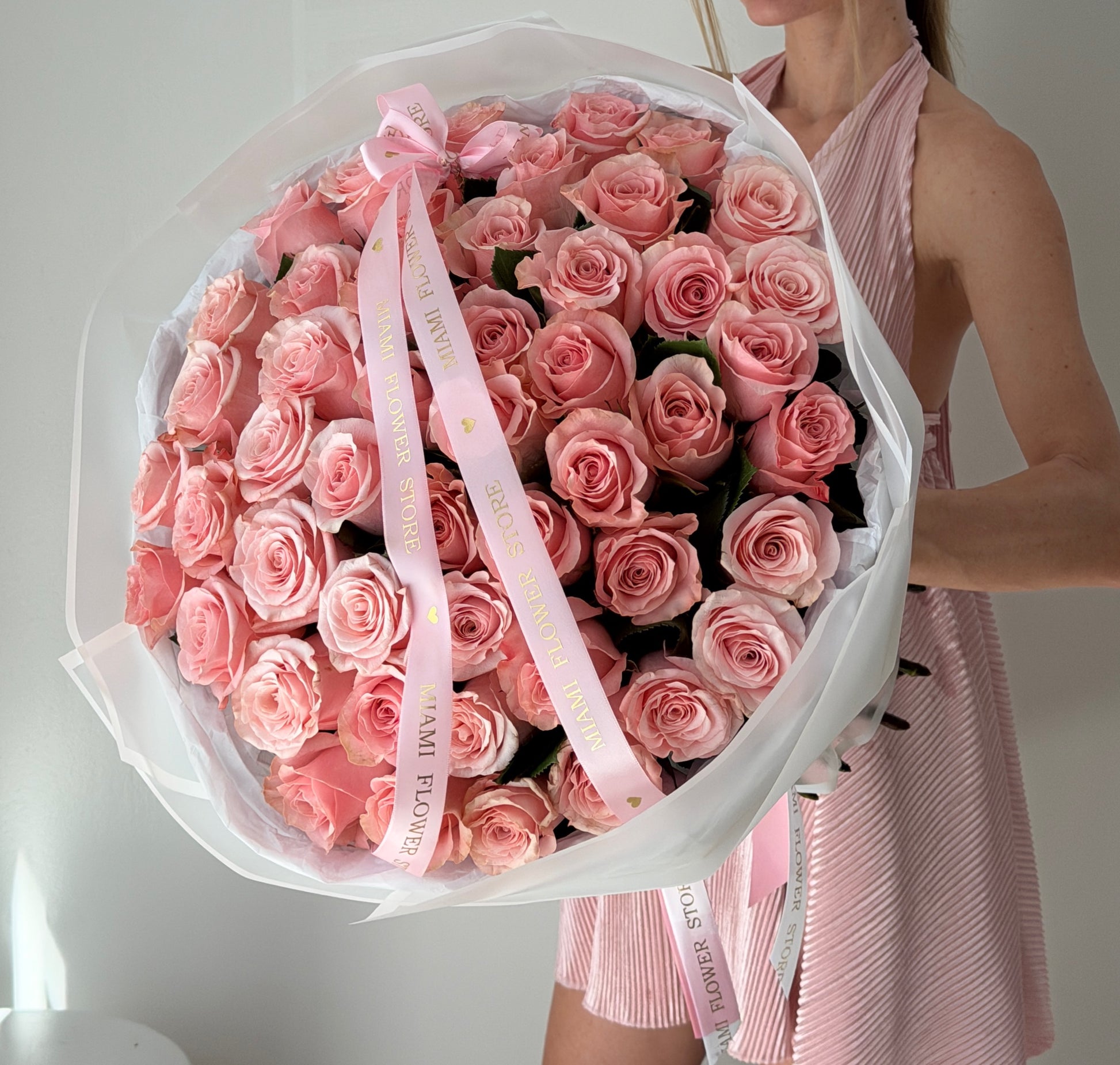 Classic Pink Rose Flower Bouquet - Miami Flower Store Same-Day Delivery Fort Lauderdale Brickell Aventura Las Olas Hallendale Beach Hollywood Sunny Isles