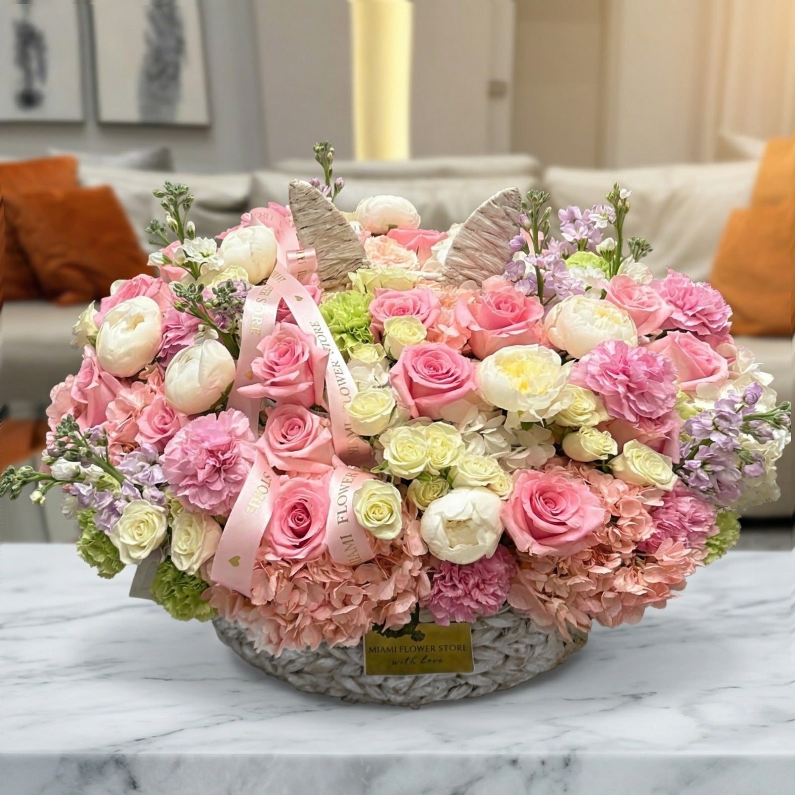 Easter Flower Basket Arrangement/ Egg And Flower Easter Basket - Miami Flower Store Same-Day Delivery Fort Lauderdale Brickell Aventura Las Olas Hallendale Beach Hollywood Sunny Isles