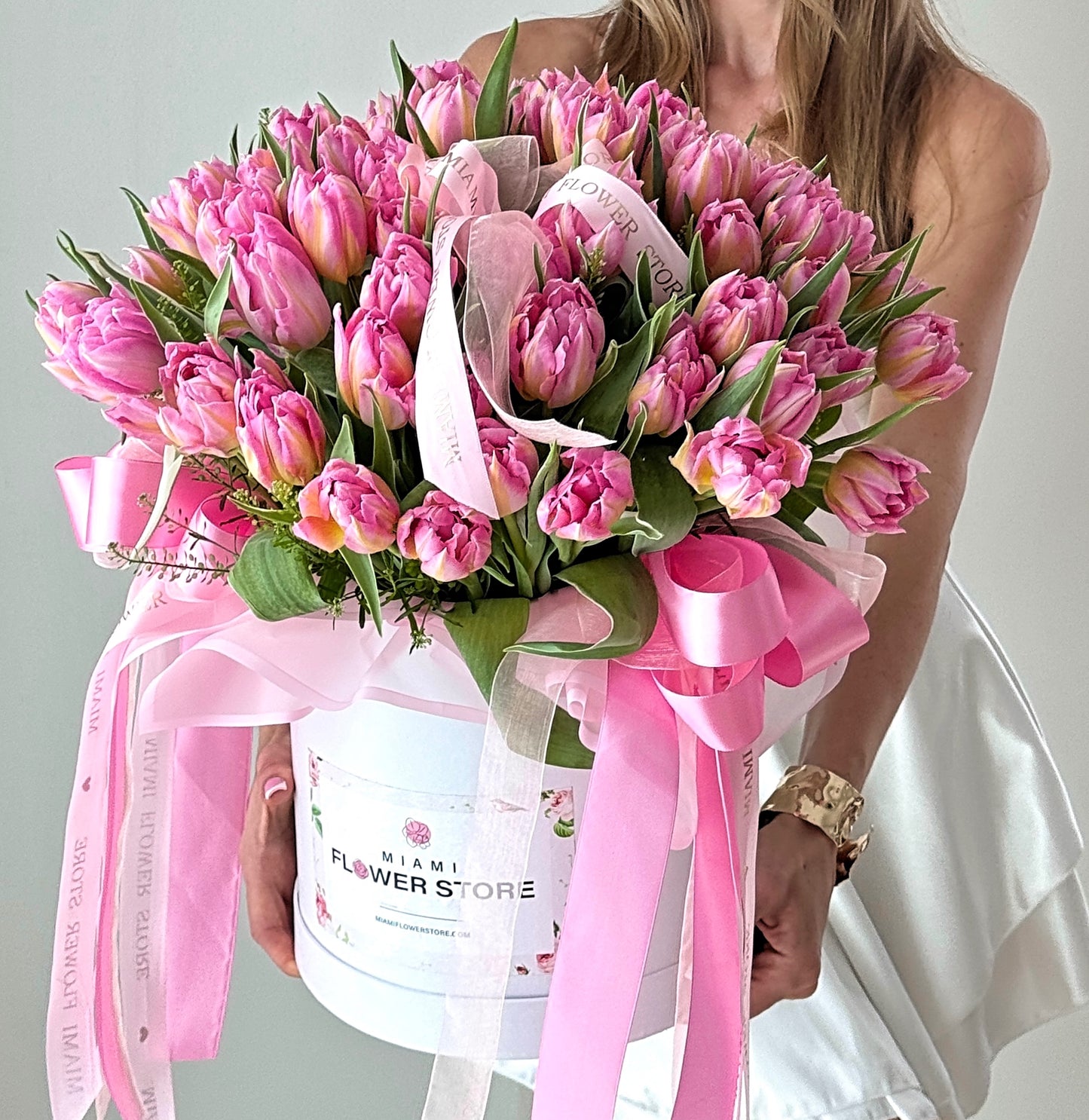 75 Tulips Flower Bouquet In A Box - Miami Flower Store Same-Day Delivery Fort Lauderdale Brickell Aventura Las Olas Hallendale Beach Hollywood Sunny Isles