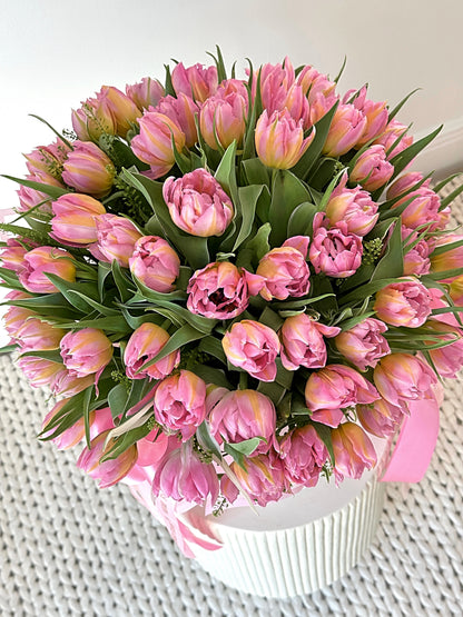 75 Tulips Flower Bouquet In A Box - Miami Flower Store Same-Day Delivery Fort Lauderdale Brickell Aventura Las Olas Hallendale Beach Hollywood Sunny Isles