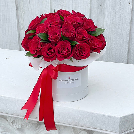 Red Roses Flower Bouquet In Box - Miami Flower Store Same-Day Delivery Fort Lauderdale Brickell Aventura Las Olas Hallendale Beach Hollywood Sunny Isles