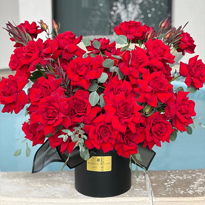 French Red Rose Flower Bouquet In A Gold Box - Miami Flower Store Same-Day Delivery Fort Lauderdale Brickell Aventura Las Olas Hallendale Beach Hollywood Sunny Isles
