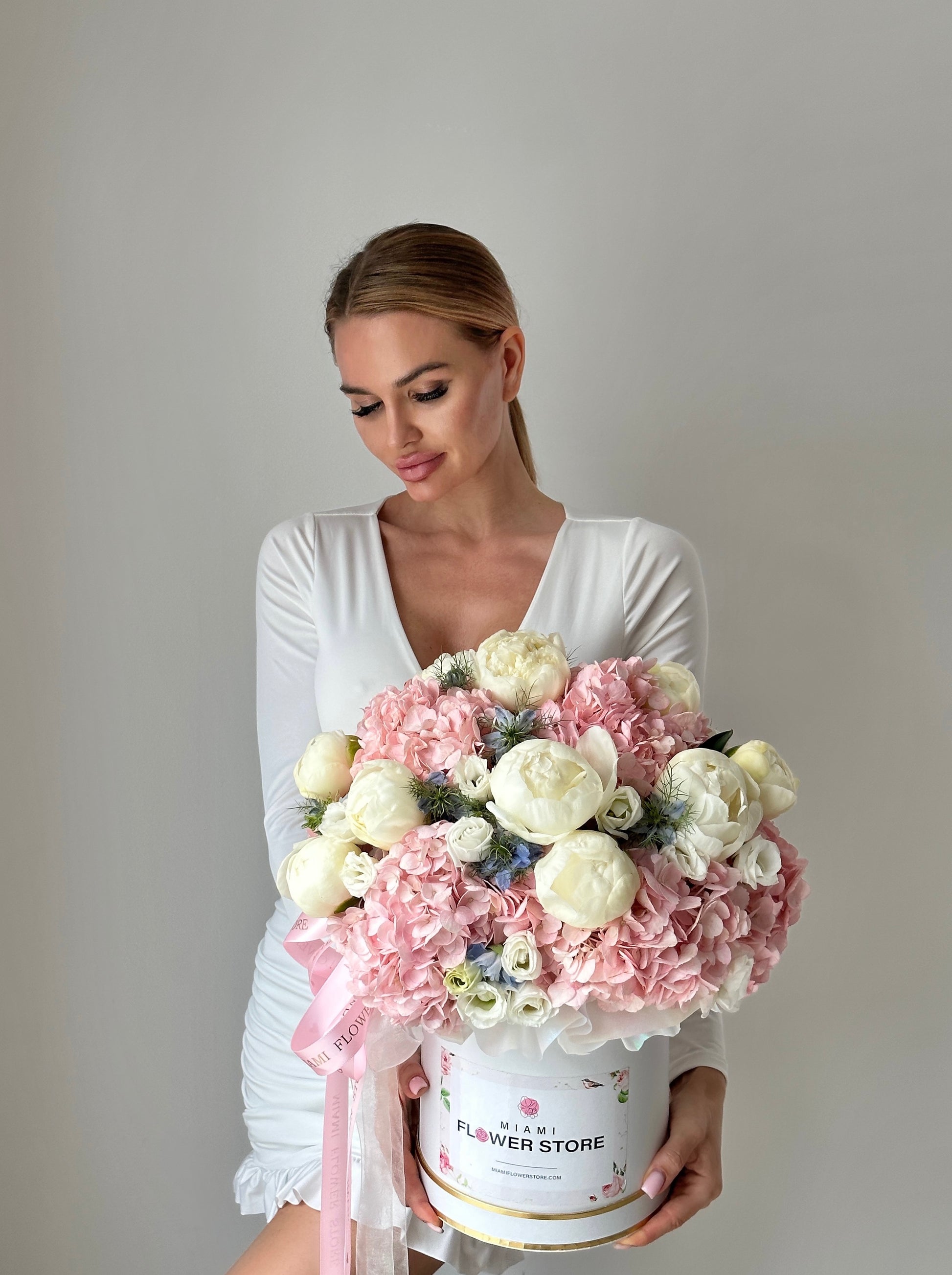 Peony Flower Bouquet w/ Hydrangea & White Roses In A Box - Miami Flower Store Same-Day Delivery Fort Lauderdale Brickell Aventura Las Olas Hallendale Beach Hollywood Sunny Isles