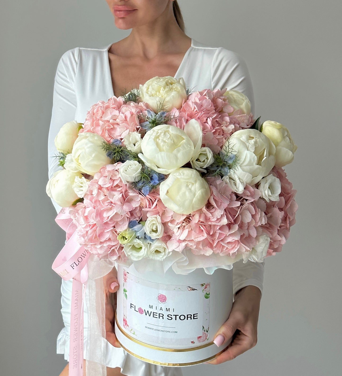 Peony Flower Bouquet w/ Hydrangea & White Roses In A Box - Miami Flower Store Same-Day Delivery Fort Lauderdale Brickell Aventura Las Olas Hallendale Beach Hollywood Sunny Isles