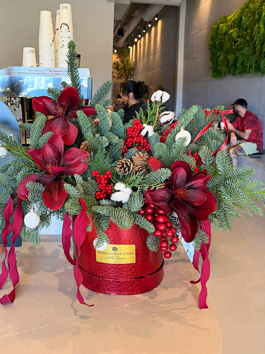 Christmas Flower Arrangement In Red Box - Miami Flower Store Same-Day Delivery Fort Lauderdale Brickell Aventura Las Olas Hallendale Beach Hollywood Sunny Isles