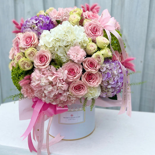 Hydrangea Flower Bouquet With Roses & Spray Roses In A Box - Miami Flower Store Delivery Fort Lauderdale