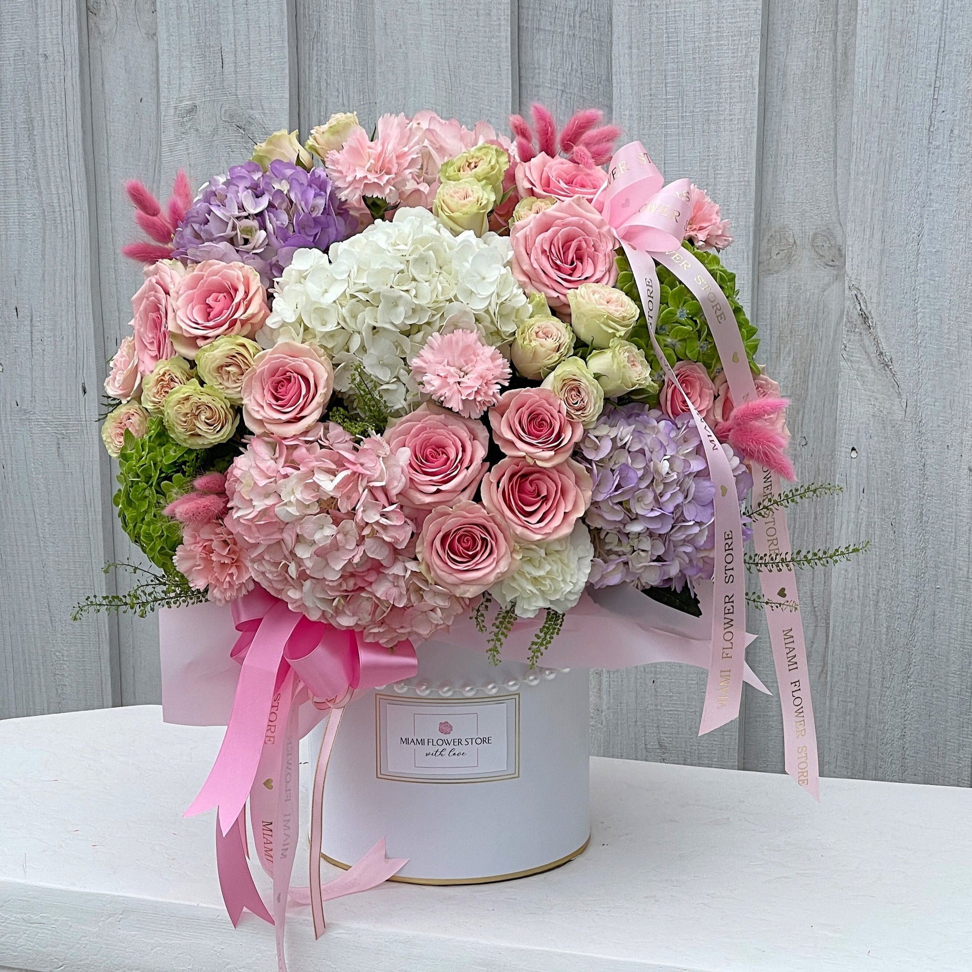 Hydrangea Flower Bouquet With Roses & Spray Roses In A Box - Miami Flower Store Delivery Fort Lauderdale