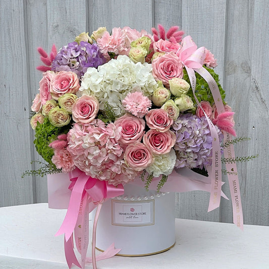 Hydrangea Flower Bouquet With Roses & Spray Roses In A Box - Miami Flower Store Same-Day Delivery Fort Lauderdale Brickell Aventura Las Olas Hallendale Beach Hollywood Sunny Isles