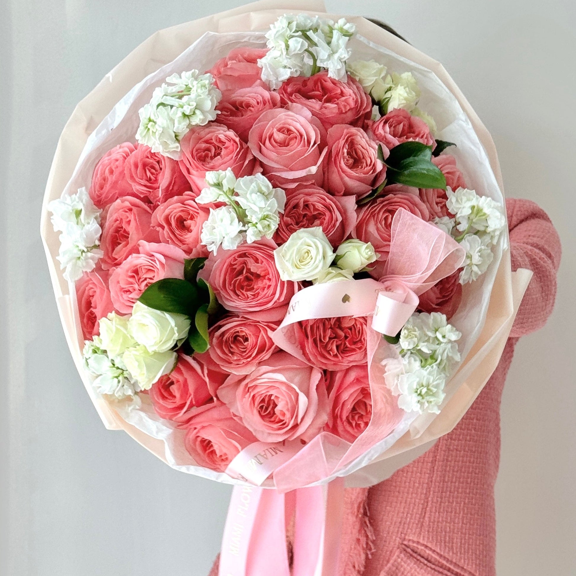 Garden Rose Flower Bouquet "Pink Expression" With White Stock - Miami Flower Store Same-Day Delivery Fort Lauderdale Brickell Aventura Las Olas Hallendale Beach Hollywood Sunny Isles