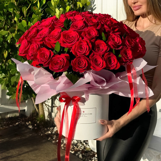 50 Red Rose Flower Bouquet In A Box | Long Stem Red Roses - Miami Flower Store Delivery Fort Lauderdale