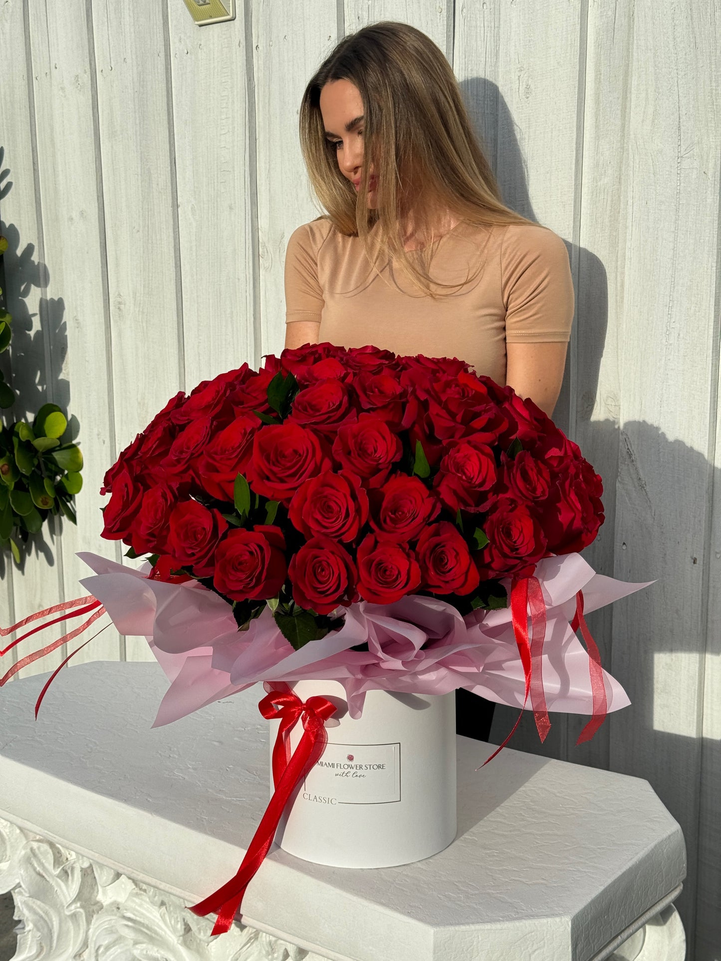 50 Red Rose Flower Bouquet In A Box | Long Stem Red Roses - Miami Flower Store Delivery Fort Lauderdale