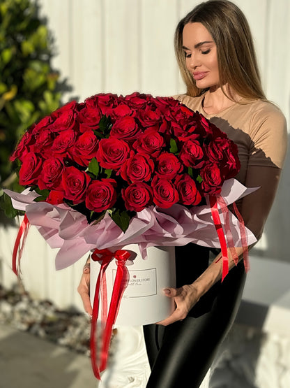 50 Red Rose Flower Bouquet In A Box | Long Stem Red Roses - Miami Flower Store Delivery Fort Lauderdale