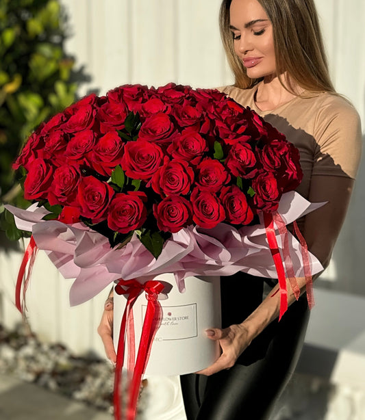 50 Red Rose Flower Bouquet In A Box | Long Stem Red Roses - Miami Flower Store Same-Day Delivery Fort Lauderdale Brickell Aventura Las Olas Hallendale Beach Hollywood Sunny Isles