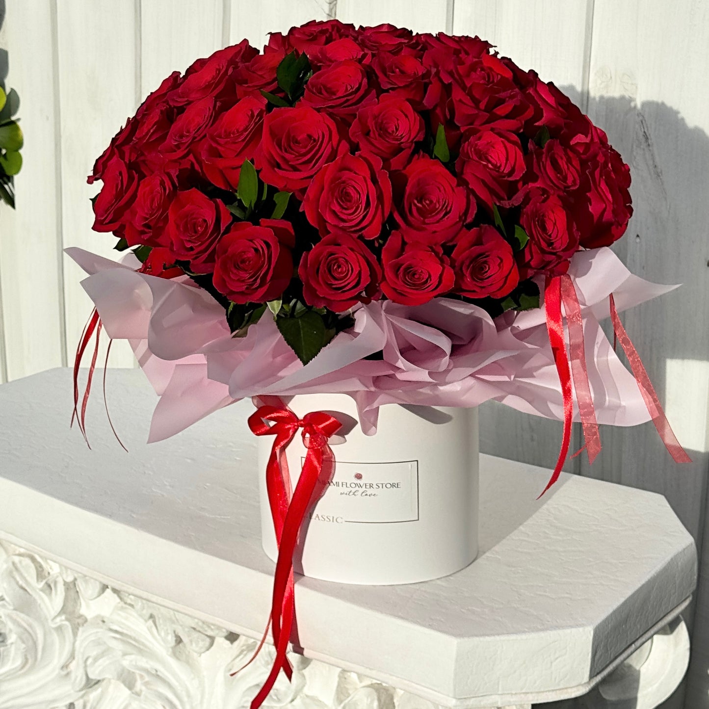 50 Red Rose Flower Bouquet In A Box | Long Stem Red Roses - Miami Flower Store Delivery Fort Lauderdale