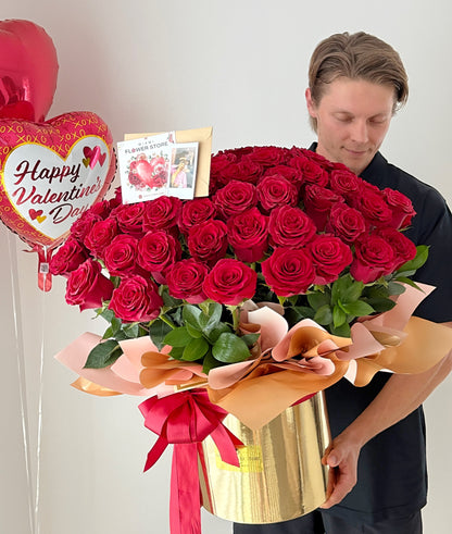50 Red Rose Flower Bouquet In A Box | Long Stem Red Roses - Miami Flower Store Same-Day Delivery Fort Lauderdale Brickell Aventura Las Olas Hallendale Beach Hollywood Sunny Isles