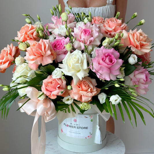 Orange, Pink, & White Rose Flower Mixed Bouquet In A Box - Miami Flower Store Delivery Fort Lauderdale