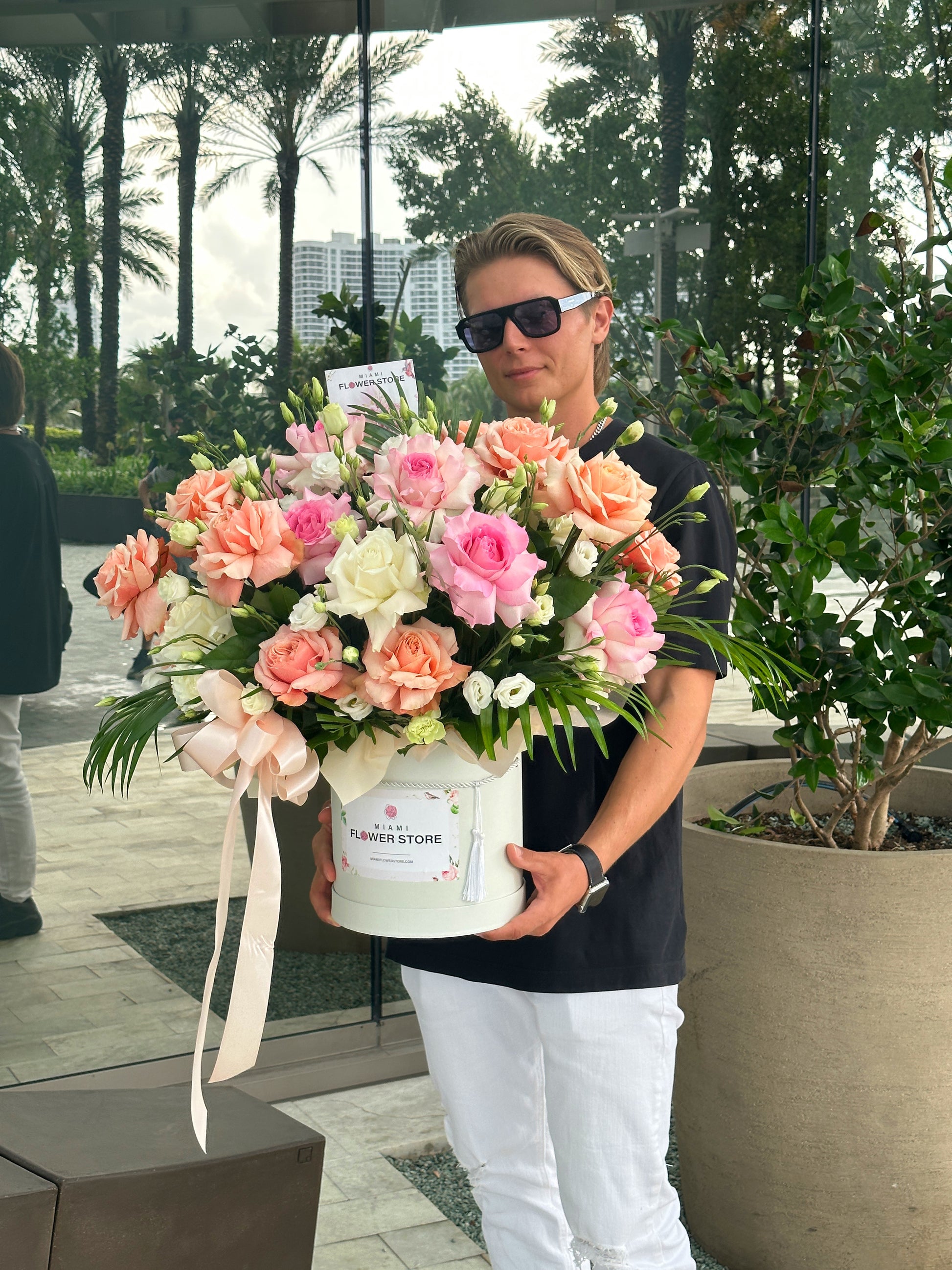 Orange, Pink, & White Rose Flower Mixed Bouquet In A Box - Miami Flower Store Delivery Fort Lauderdale