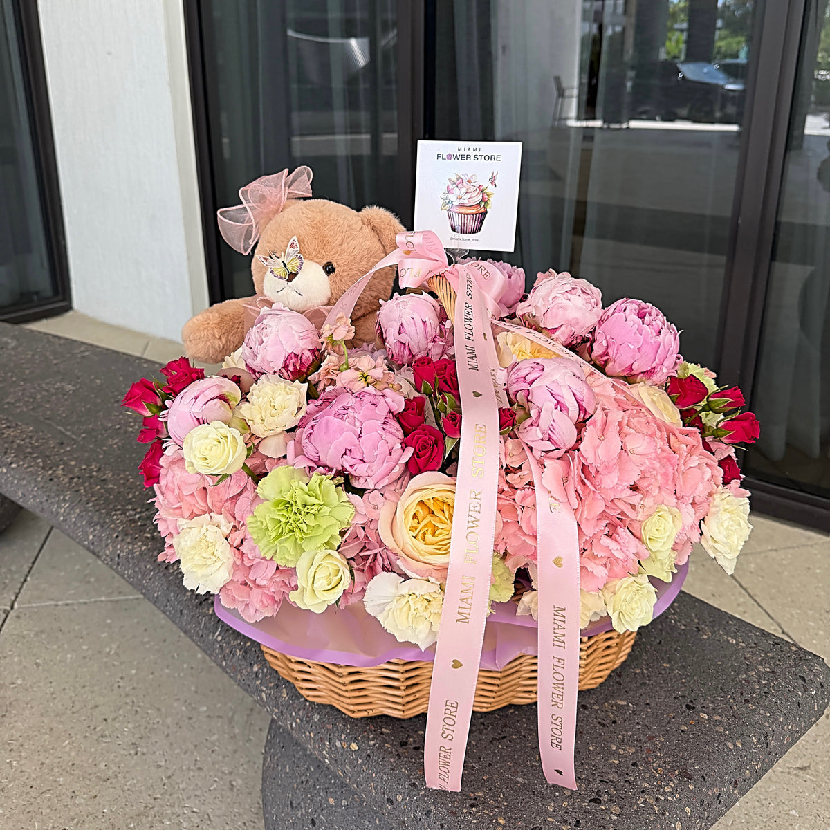 Peony Flower Bouquet In A Basket & Stuffed Teddy Bear - Miami Flower Store Same-Day Delivery Fort Lauderdale Brickell Aventura Las Olas Hallendale Beach Hollywood Sunny Isles
